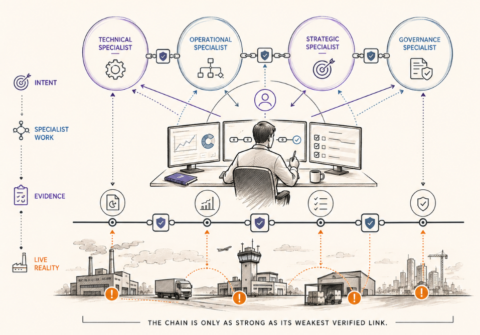 Cognitive Chain Management illustration showing a human Chain Manager coordinating technical, operational, strategic and governance specialists through evidence gates while comparing reported state with live operational reality.